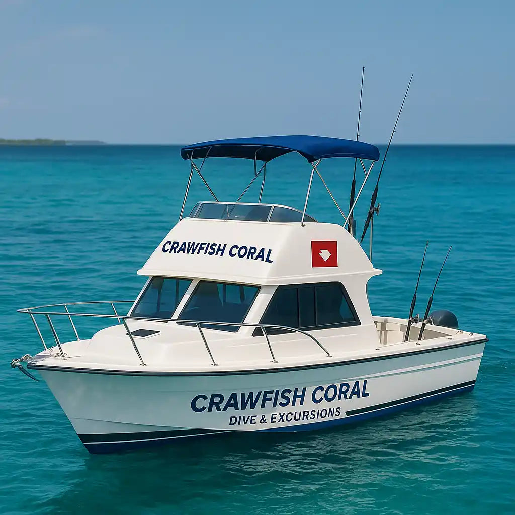 Boat named 'Crawfish Coral' on a clear blue ocean