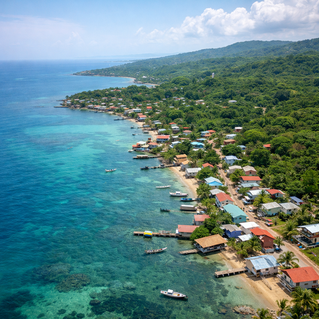 Aerial view of a coastal village with houses and boats near a clear blue sea.