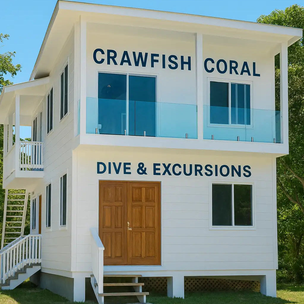 Two-story building with 'Crawfish Coral' and 'Dive & Excursions' signage against a blue sky.