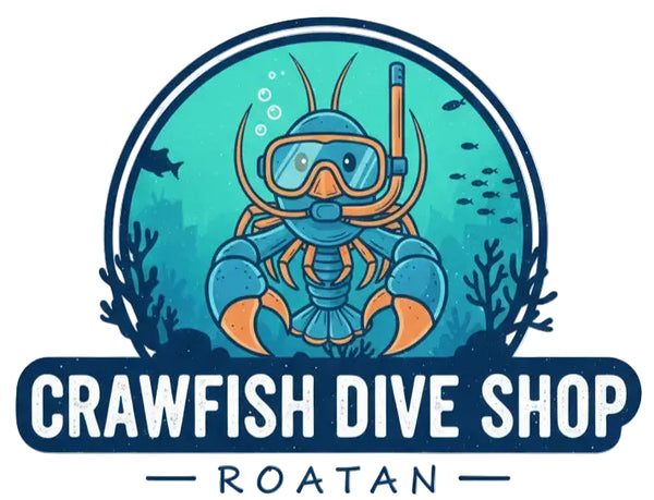 Logo of Crawfish Dive Shop Roatan with a crawfish character wearing a diving helmet underwater.